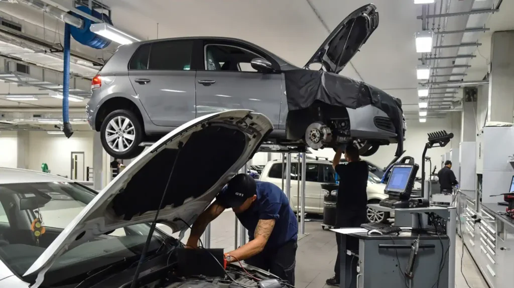 Technik opravuje auto v servise po poruche požičaného auta