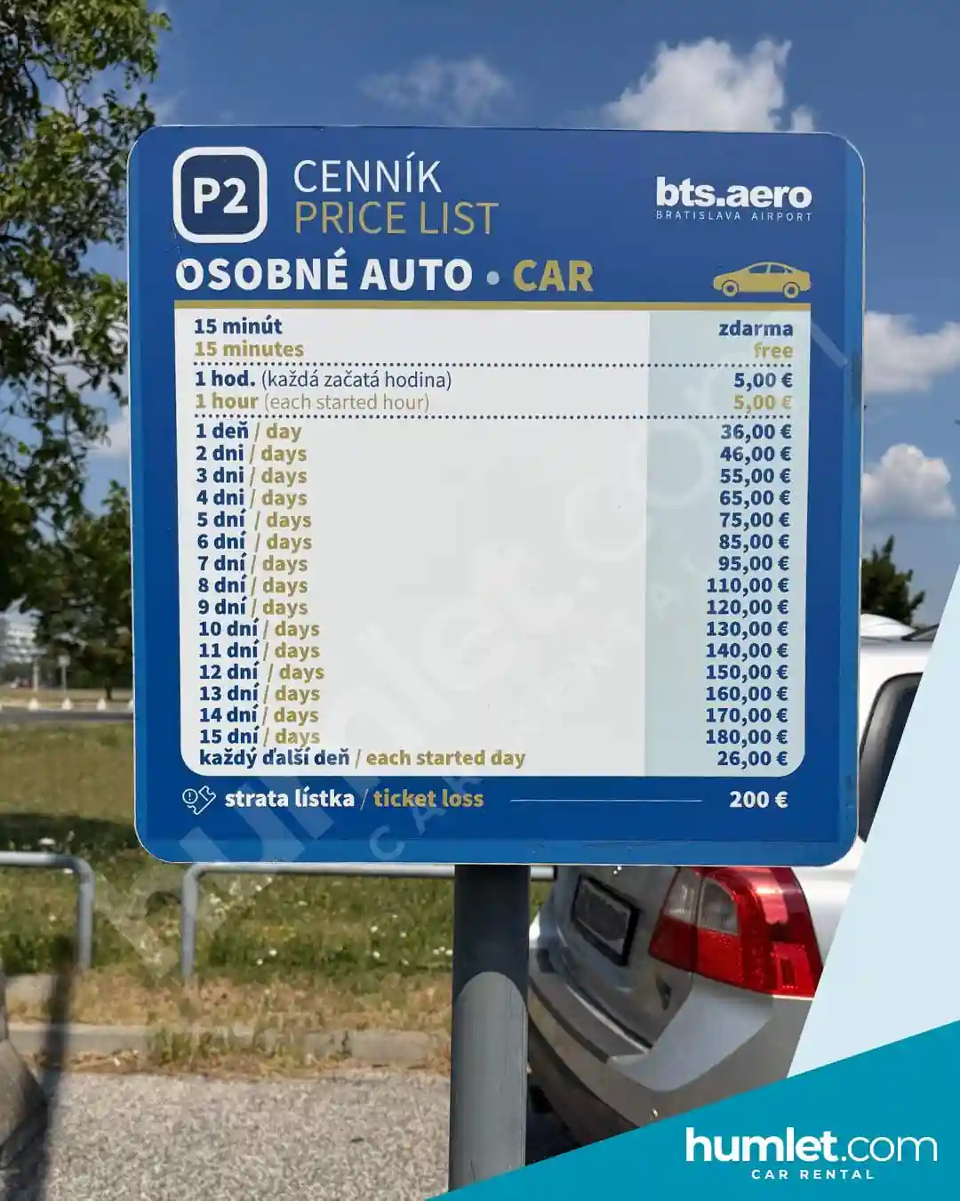 Price list of Parking P2 on Bratislava Airport