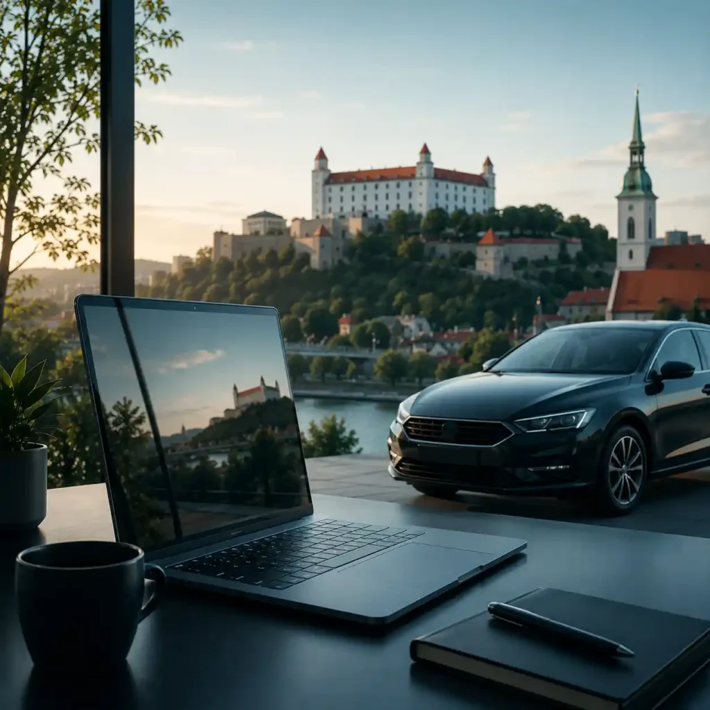 Car rental Bratislava no office. A laptop and coffee cup on a desk overlooking Bratislava Castle and St. Martin's Cathedral, with a black car parked on the terrace at sunset, symbolizing remote booking of a chauffeur or rental car service in Bratislava.